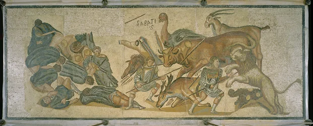 Battle between gladiators and animals